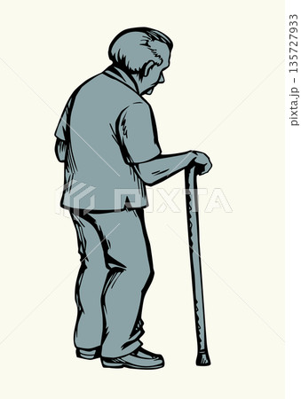 Vector drawing. Old man with wooden stick 135727933