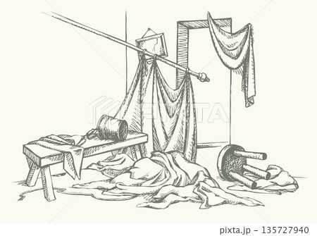Vector drawing. Cluttered room view. Vector drawing. Cluttered room view. 135727940
