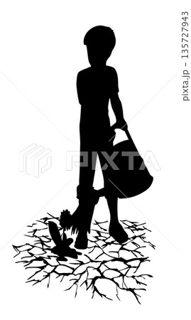 A boy waters a plant from a watering can 135727943