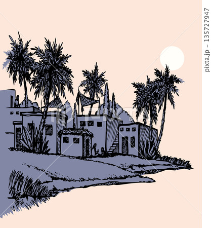 Vector drawing. Old village at river Vector drawing. Old village at river 135727947