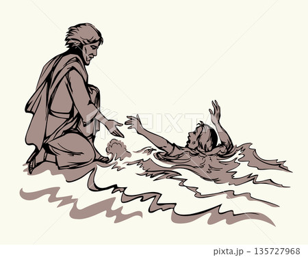 Vector drawing. Jesus helps man in a storm 135727968