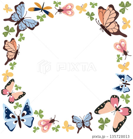 Summer round frame with bright, colorful butterflies. Spring illustration of insects, dragonflies, and moths in a flat style. 135728013