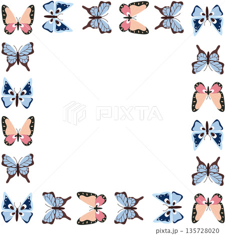 Summer square frame with blue and pink butterflies. Spring illustration of insects, dragonflies, and moths in flat style. Summer square frame with blue and pink butterflies. Spring illustration of insects, dragonflies, and moths in flat style. 135728020