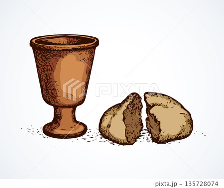 Vector symbols of Communion. Broken bread and wine in bowl Vector symbols of Communion. Broken bread and wine in bowl 135728074