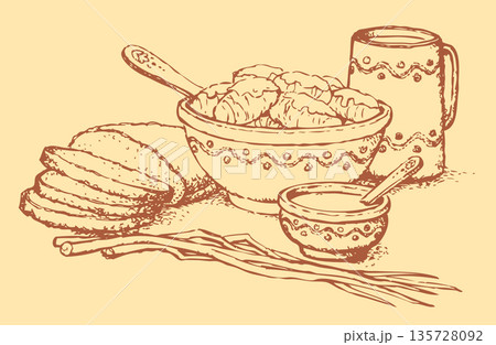 Vector still life. Cabbage rolls with cream, bread and leeks 135728092
