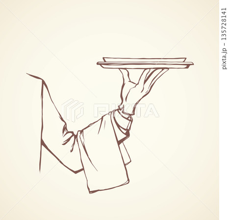 Hand of waiter with dish. Vector drawingのイラスト素材 [135728141] - PIXTA