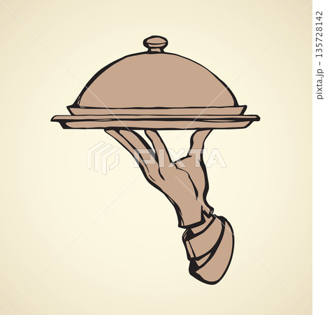 Hand of waiter with dish. Vector drawing 135728142