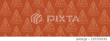 Pizza mosaic seamless pattern, flat line design, pizza ingredients and slices, abstract geometric design of Italian pizzeria 135728191