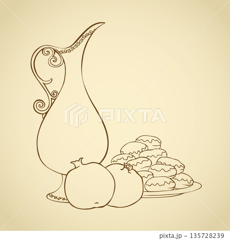 Ripe grenades near the dish with sweet donuts Ripe grenades near the dish with sweet donuts 135728239