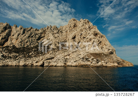 Rocky island cliff rising from 135728267