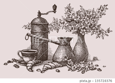 Vector still life. Turk, coffee grinder and coffee 135728376