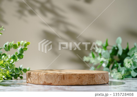 Wooden podium with leaves Wooden podium with leaves 135728408