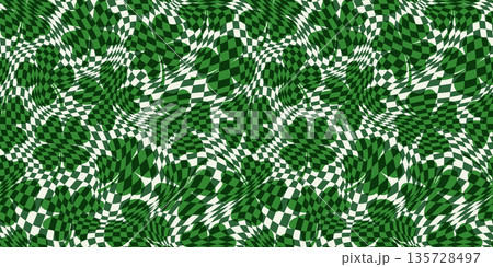 Wavy green check seamless vector pattern with four leaf clovers, Saint Patrick's Day groovy checkered background 135728497