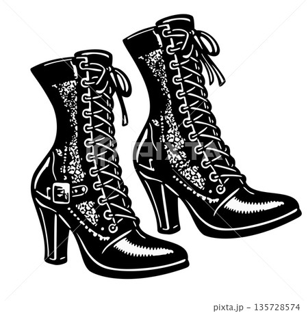 Gothic lace-up boots in Victorian style. Black and white vector isolated engraving Gothic lace-up boots in Victorian style. Black and white vector isolated engraving 135728574