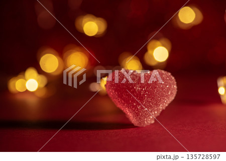 Glittery Red Gift Boxes with Satin Bows and Glittery Heart. Romantic Valentines Day Flatlay Glittery Red Gift Boxes with Satin Bows and Glittery Heart. Romantic Valentines Day Flatlay 135728597