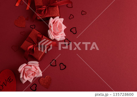 Glittery Red Gift Boxes with Satin Bows and Glittery Heart. Romantic Valentines Day Flatlay 135728600