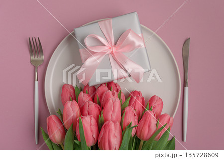 Glittery Red Gift Boxes with Satin Bows and Glittery Heart. Romantic Valentines Day Flatlay 135728609