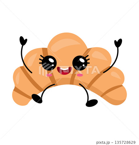 Happy kawaii croissant character flat illustration 135728629