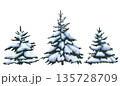 Set of Fir trees covered. Spruce tree in the snow. Watercolor illustration of winter spruce forest on white background. Isolated of Christmas tree covered in snow. Conifer of Snowy forest for design 135728709