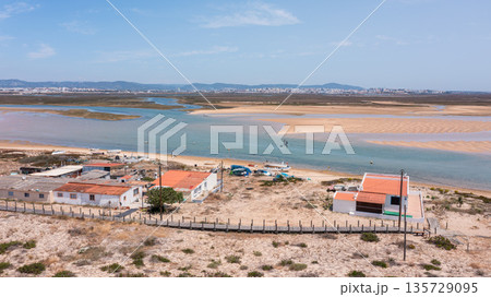 Above view shows Ria Formosa and Praia de Faro in Portugal with sandy areas, water, and small boats along the shoreline and nearby houses Above view shows Ria Formosa and Praia de Faro in Portugal with sandy areas, water, and small boats along the shoreline and nearby houses 135729095