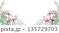 Watercolor frame of palm branches and pink flamingo with space for text. Pink flamingo in tropical leaves and palm branches. Tropical summer travel banner. Tropical frame for design and invitation 135729703