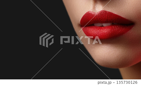 Elegant female lips with vibrant fashion lipstick. Part of the face showing makeup detail. Cosmetic beauty and fashion style. Sexy open lips ready for a kiss. Lip filler and enhancement procedures 135730126