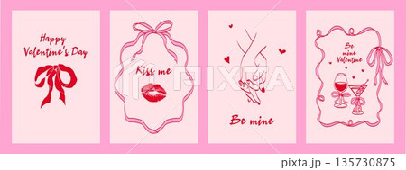 Romantic Valentine’s Day poster templates in hand-drawn coquette style. Red line art with bows, lips and love symbols on soft pink background, ideal for cards, prints, invitations and social media. 135730875