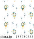 Seamless pattern with hot air balloons and balloons. Childish wallpaper air balloons and Hot air Balloon. Watercolor illustration of floating balloons for kids goods, kids wallpaper, wrapping paper 135730888
