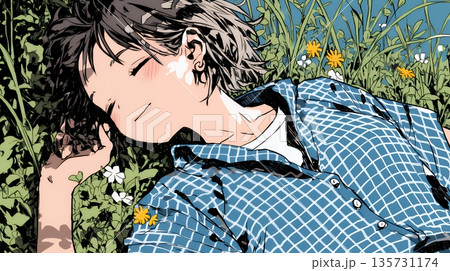 心地よさそうに地面に身を横たえる若い女性