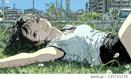 心地よさそうに地面に身を横たえる若い女性