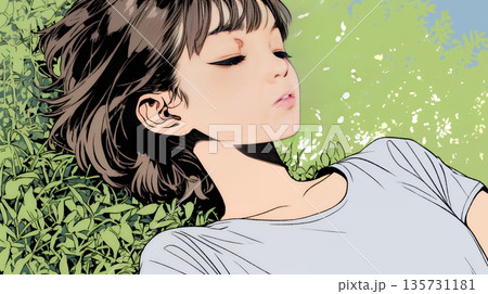 心地よさそうに地面に身を横たえる若い女性