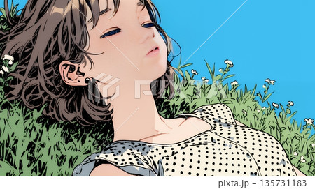 心地よさそうに地面に身を横たえる若い女性