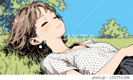 心地よさそうに地面に身を横たえる若い女性