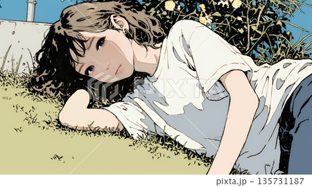 心地よさそうに地面に身を横たえる若い女性