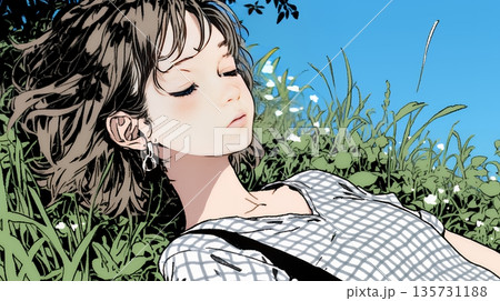 心地よさそうに地面に身を横たえる若い女性