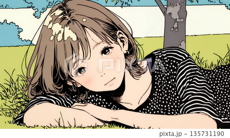 心地よさそうに地面に身を横たえる若い女性