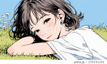 心地よさそうに地面に身を横たえる若い女性