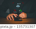 Adult man receiving a scam phone call alert on smartphone, concept of online fraud detection, phishing, and cybercrime prevention. Digital security and identity protection awareness. 135731307