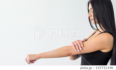 Body treatment. Shoulder massage. Woman caressing rubbing hand soft skin cream. Healthy muscle pressure relax recovery isolated on white. Body treatment. Shoulder massage. Woman caressing rubbing hand soft skin cream. Healthy muscle pressure relax recovery isolated on white. 135731346