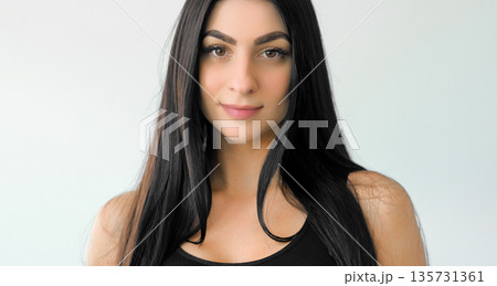 Pretty woman. Confident face. Natural beauty girl posing with healthy fresh skin. Attractive female isolated on white background free space. Pretty woman. Confident face. Natural beauty girl posing with healthy fresh skin. Attractive female isolated on white background free space. 135731361