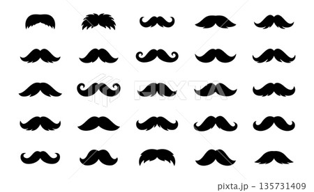 Vintage moustache silhouettes collection. Retro mustaches in classic black style for barbershop logos, hipster graphics, poster design and novelty party props. 135731409