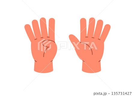 Hands showing number 9 with cartoon fingers. Educational gesture with one hand showing four and the other five 135731427