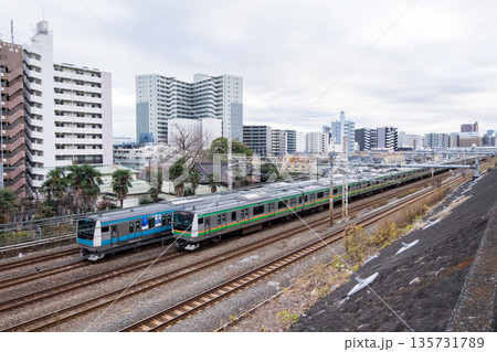 【東海道線】早朝の横浜の街を走行する列車 135731789