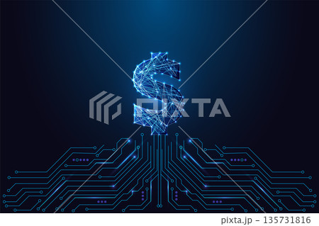 Digital Dollar Sign over circuit board. Finance Tech, Fintech Innovation, Money Symbol Vector Art 135731816