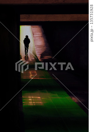 光のトンネルのようなアンダーパスを歩く人 135731928