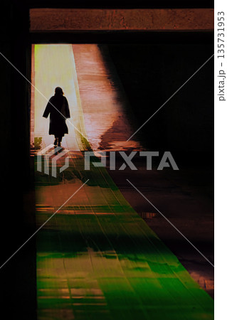 光のトンネルのようなアンダーパスを歩く女性 135731953