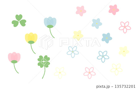 カラフルな手描きの花とクローバーの素材セット カラフルな手描きの花とクローバーの素材セット 135732201
