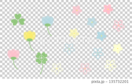 カラフルな手描きの花とクローバーの素材セット カラフルな手描きの花とクローバーの素材セット 135732201