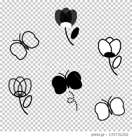 シンプルな手描きの蝶と花の線画素材 135732202