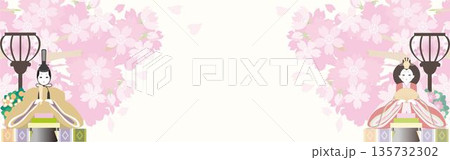 桃の節句 ひな祭りの雛人形と桜のバナー背景 お内裏様とお雛様と満開の桜の和風フレーム素材 桃の節句 ひな祭りの雛人形と桜のバナー背景 お内裏様とお雛様と満開の桜の和風フレーム素材 135732302